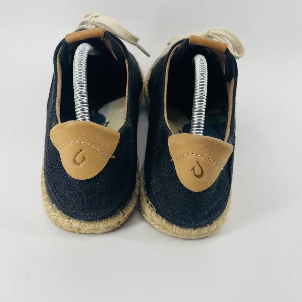 Olukai Kaula Pa'a Li Black Espadrille Sneakers Lace Up Shoes Women US 11 EU 41